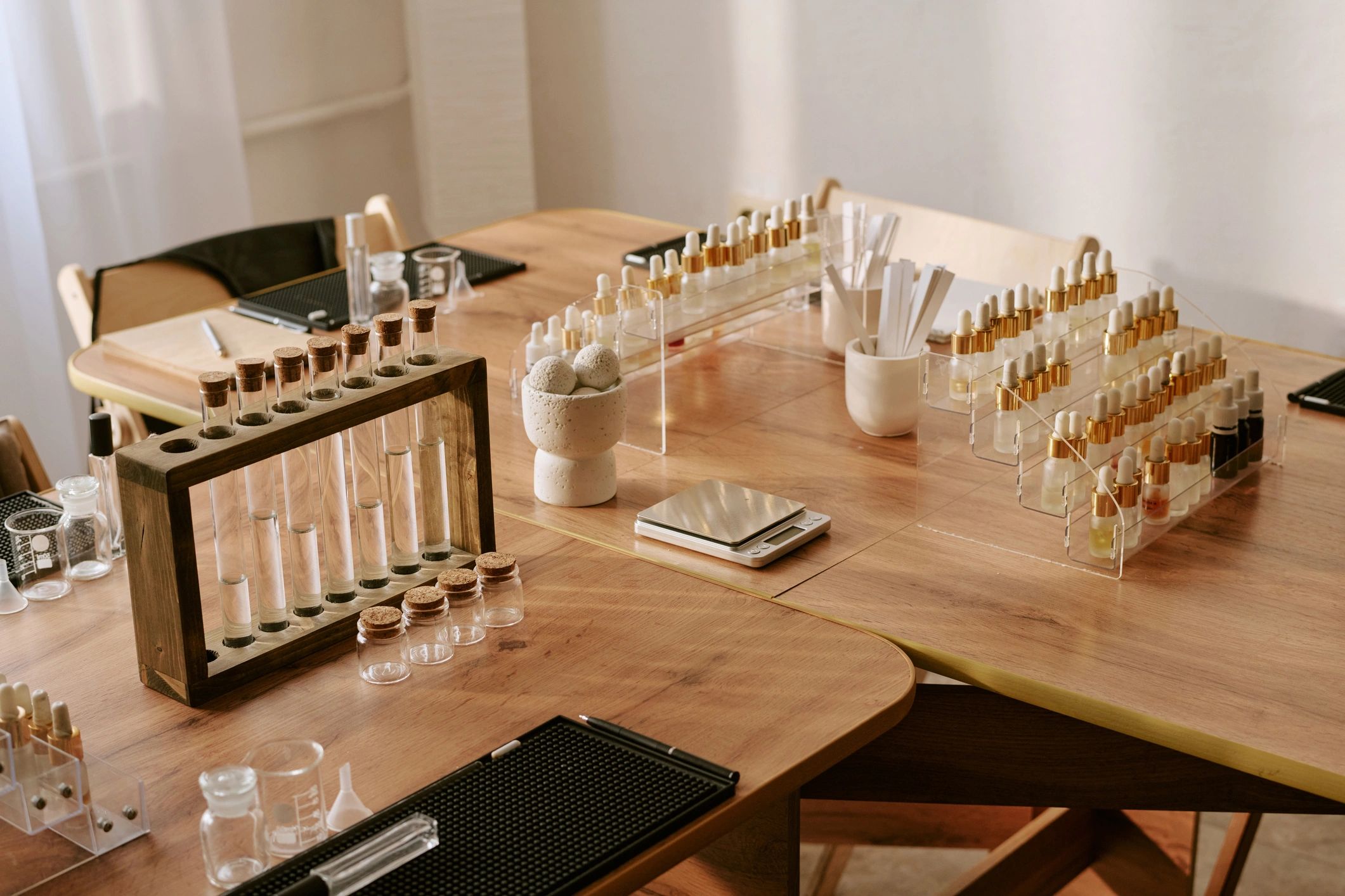 Skincare formulation tools and ingredients in a beauty laboratory