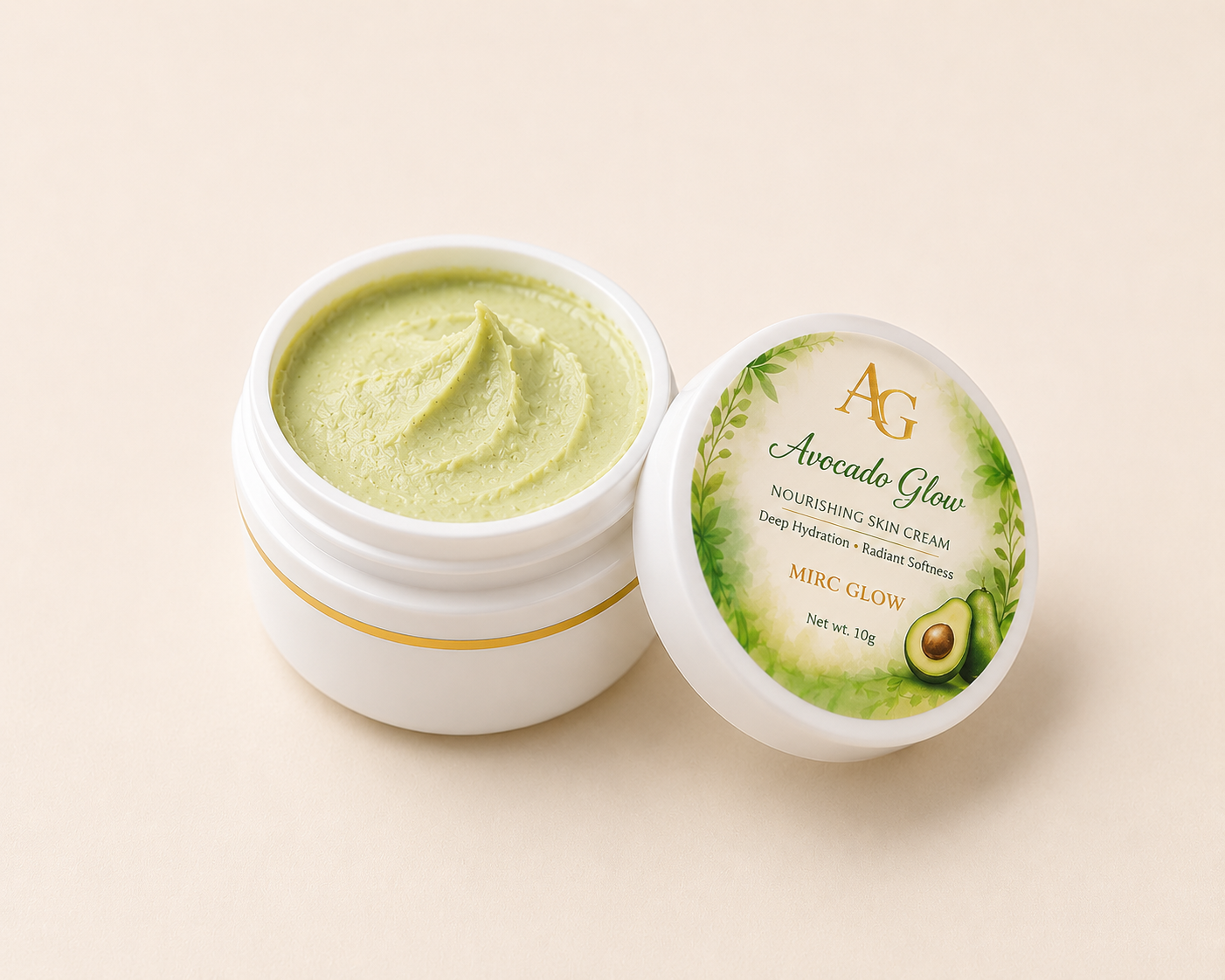 Open jar of Mirc Glow avocado skin cream for nourishing care