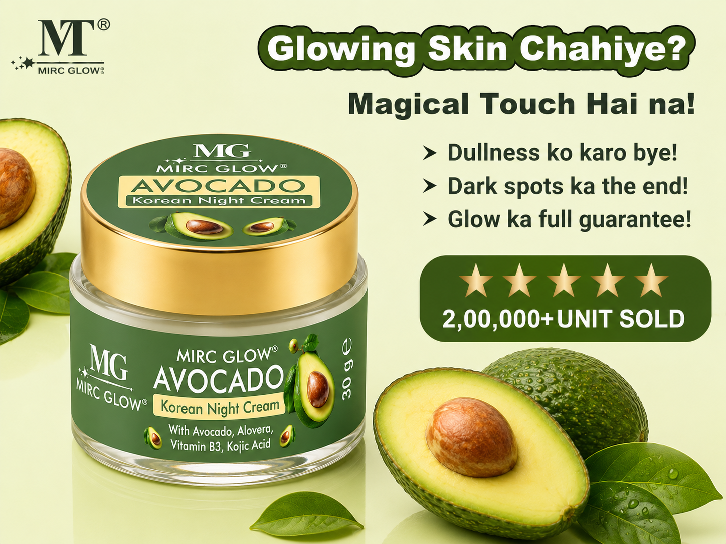 Mirc Glow Avocado Korean Night Cream product jar for a nourishing nighttime skincare routine